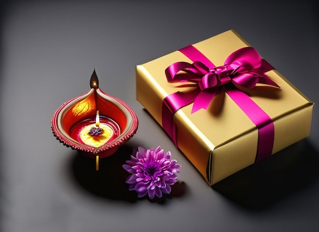 Two illuminated Indian earthen lamps and elegantly wrapped gift box and flower Diwali is the biggest Hindu festival celebrated