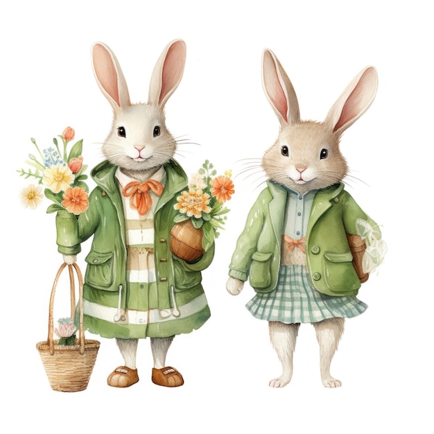 Two illustrated easter bunny with flowers and eggs