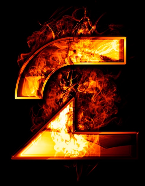 two, illustration of  number with chrome effects and red fire on black background