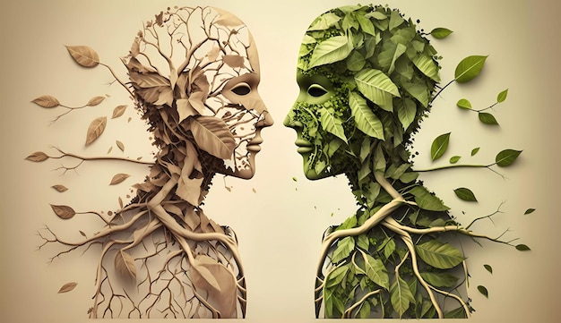 Two illustrations of plants and a human face