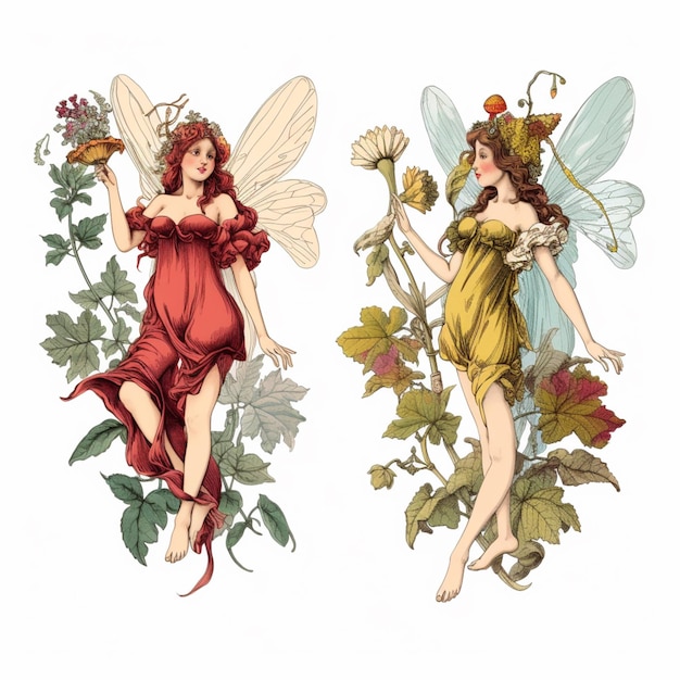 two illustrations of two women dressed in fairy costumes with flowers generative ai