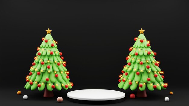 Two Images Of 3D Decorative Christmas Tree And Copy Space On Black Background.