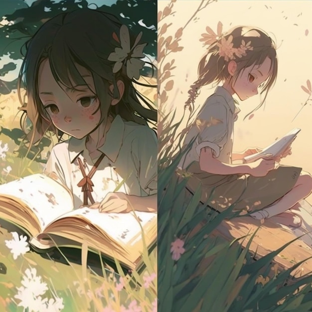 two images of a girl reading a book in the grass generative ai