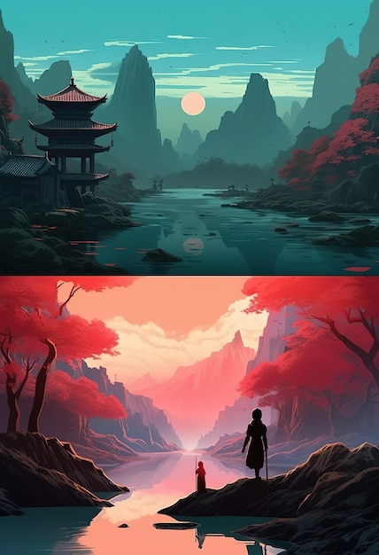 Two images of a landscape with a man and a woman standing in front of a mountain.