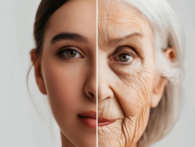 Photo two images of an old woman with wrinkles