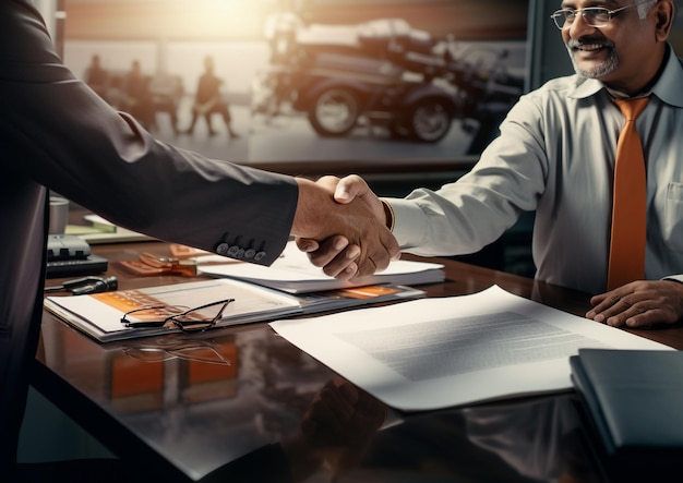 two Indian men shake hands over papers on a table