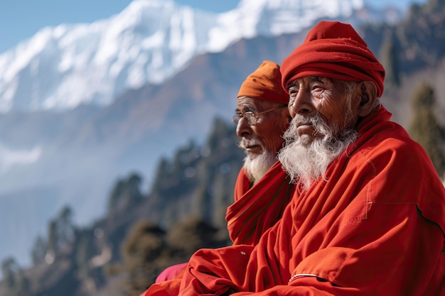 赤い服を着た2人のインド人僧侶が山で瞑想している