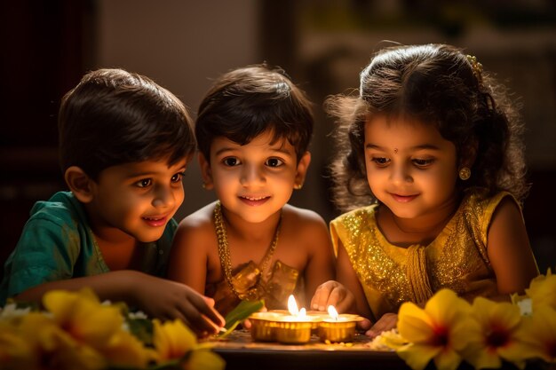 Two Indian women light diyas on the occasion of Diwali also known as the Festival of Lights Decora