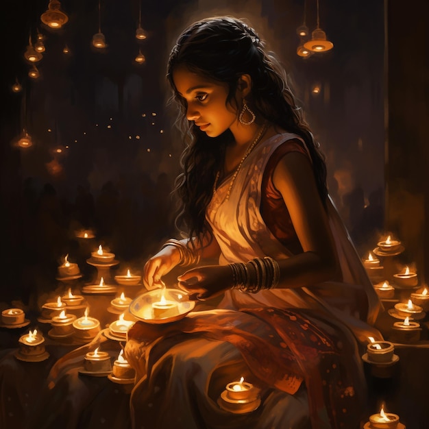 Two Indian women light diyas on the occasion of Diwali also known as the Festival of Lights Decora