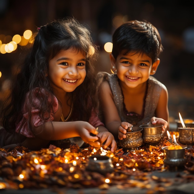 Two Indian women light diyas on the occasion of Diwali also known as the Festival of Lights Decora