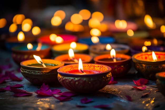 Two Indian women light diyas on the occasion of Diwali also known as the Festival of Lights Decora