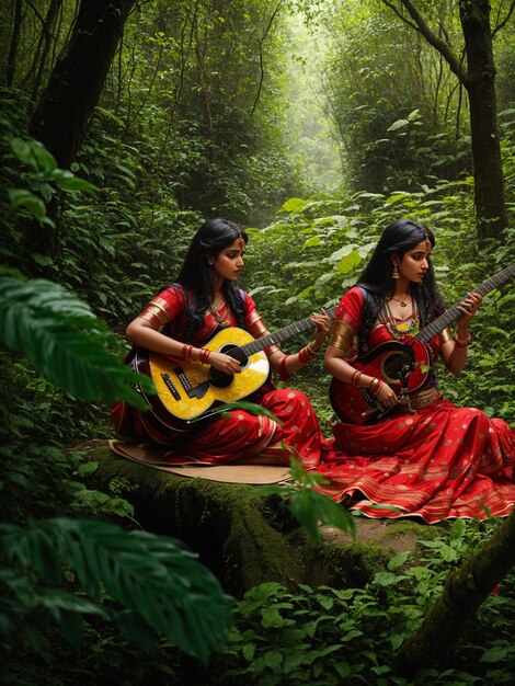 two Indian women playing a guitar in the jungle