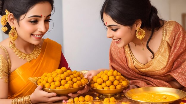Foto due donne indiane che indossano tradizionali sari, gioielli d'oro e braccialetti seduti a casa con un fiore