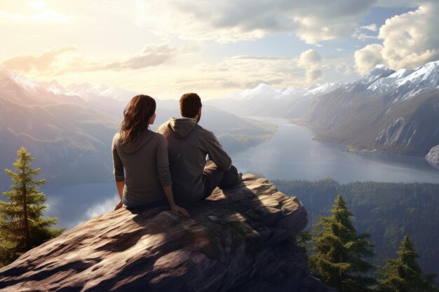 Photo two individuals are seated on a rock enjoying the view of a serene lake this image can be used to depict relaxation nature and peaceful moments