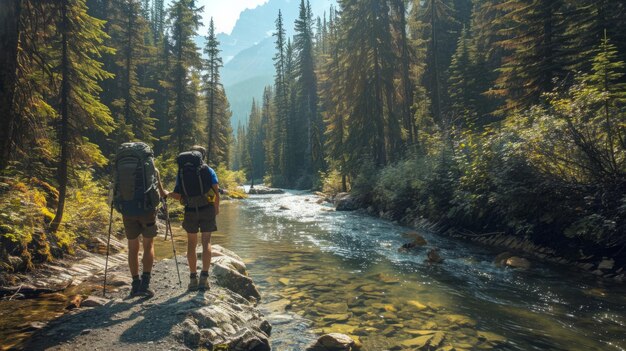 Photo two individuals are seen traversing a flowing river stepping carefully on rocks to reach the other