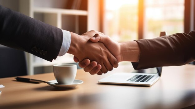 Photo two individuals are shaking hands over an office desk signifying a professional agreement or partnership