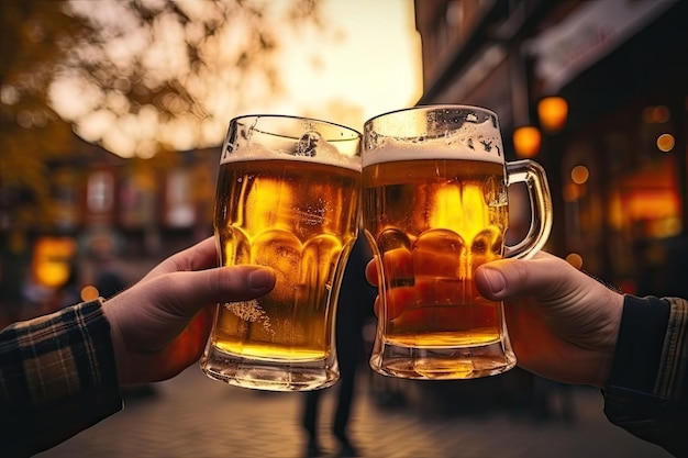 Two individuals celebrate the end of their workday by raising their glasses and clinking beer mugs t