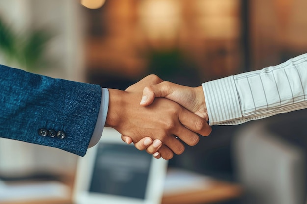 Photo two individuals engaging in a handshake symbolizing a mutual agreement or greeting male and female colleagues shaking hands after negotiating a contract ai generated