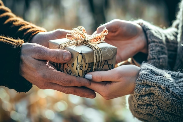 Photo two individuals hold a wrapped present in their hands preparing to exchange it