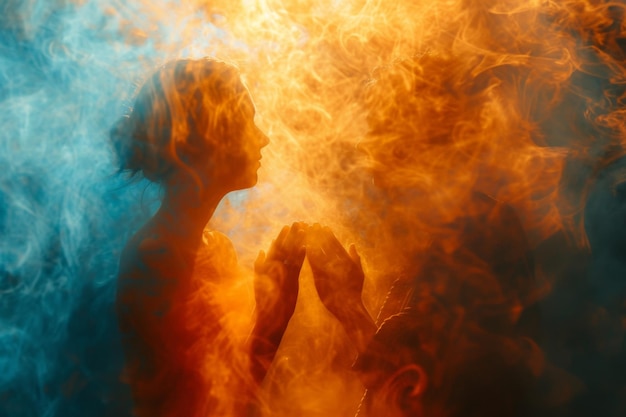 Two individuals manipulating fire and smoke with their hands against a vibrant orange and blue background