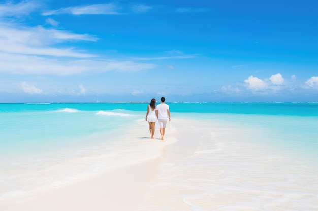 Two individuals walking along the sandy shore of a beach with the ocean as their backdrop young couple walking on white sand beach on paradise island AI Generated