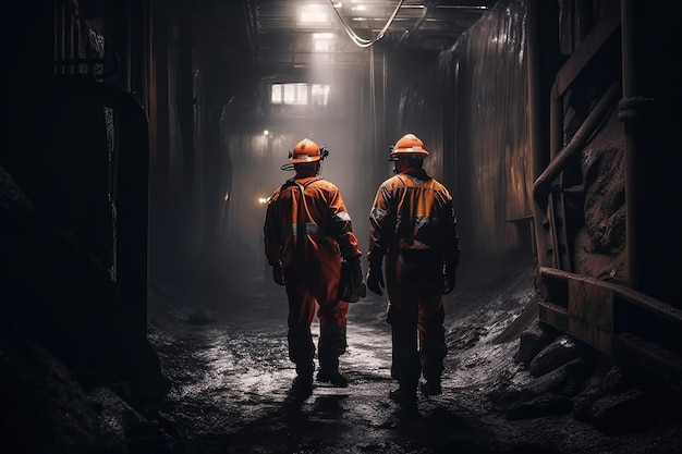 Two industrial workers in orange hardhats working in coal mine Hardwork dirty job