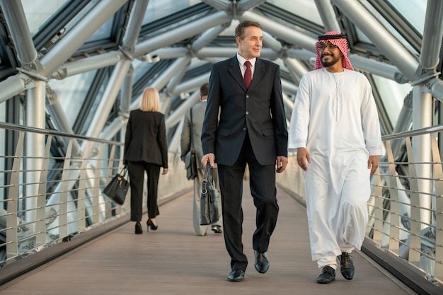 Two intercultural businessmen in formalwear walking inside large modern building and talking