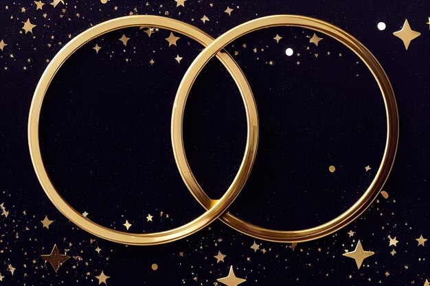 Two intersecting gold rings on a dark background with shining stars