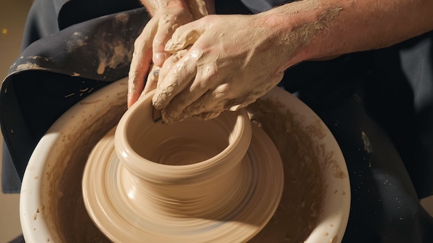 2つの絡み合った手がろくろの上に粘土の鍋を形成します
