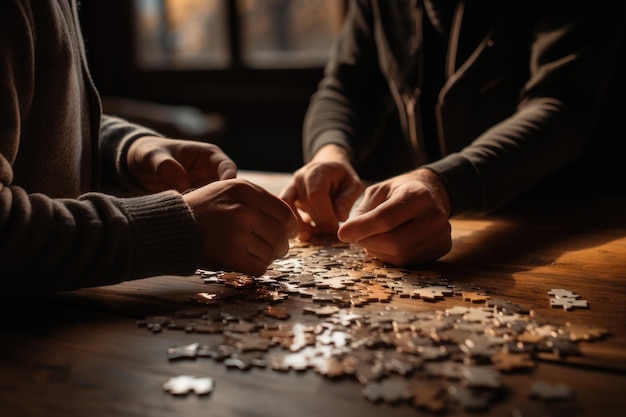 Two intertwined hands placing wooden puzzle pieces together Generative AI