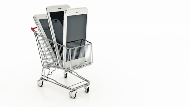 Two iphones in a shopping cart with one being held up by a small metal cart.