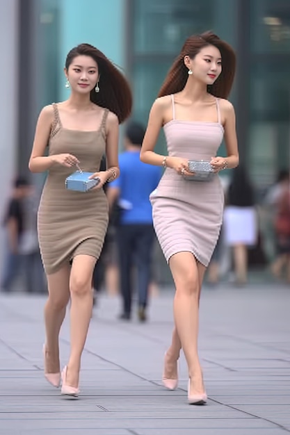 Two japanese girls walking down a street in harajuku.