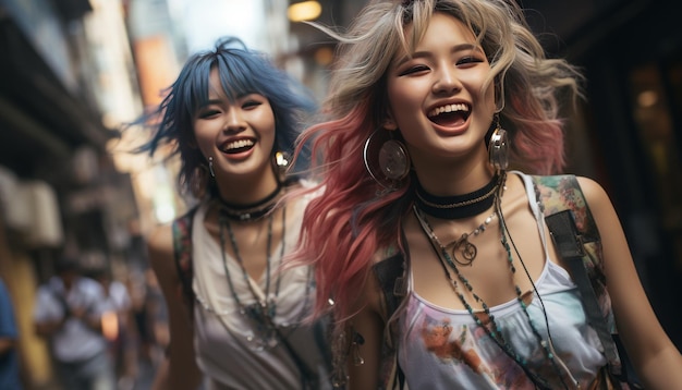 two japanese girls walking in shopping streets of tokyo enjoying the city