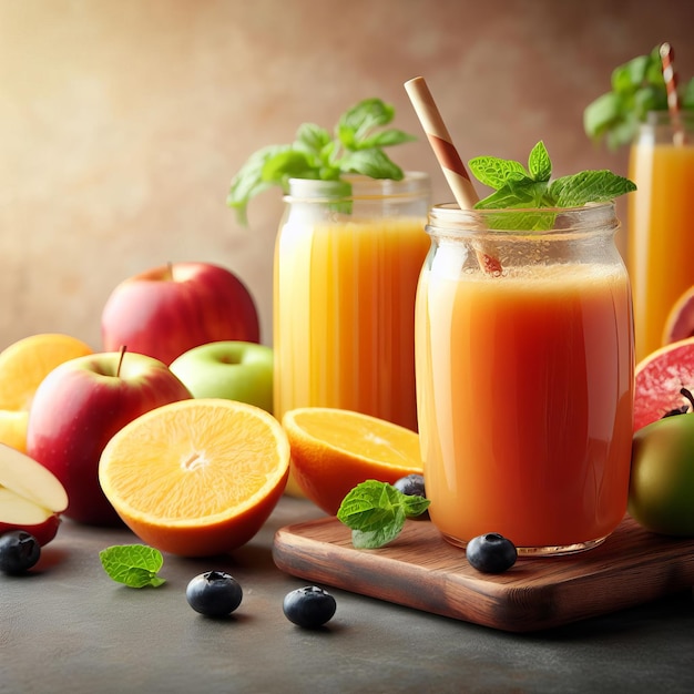 Two jars of fruit juice with straws and mint leaves on a wooden board surrounded by various fruits