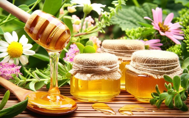 Two jars of honey are on a table with flowers