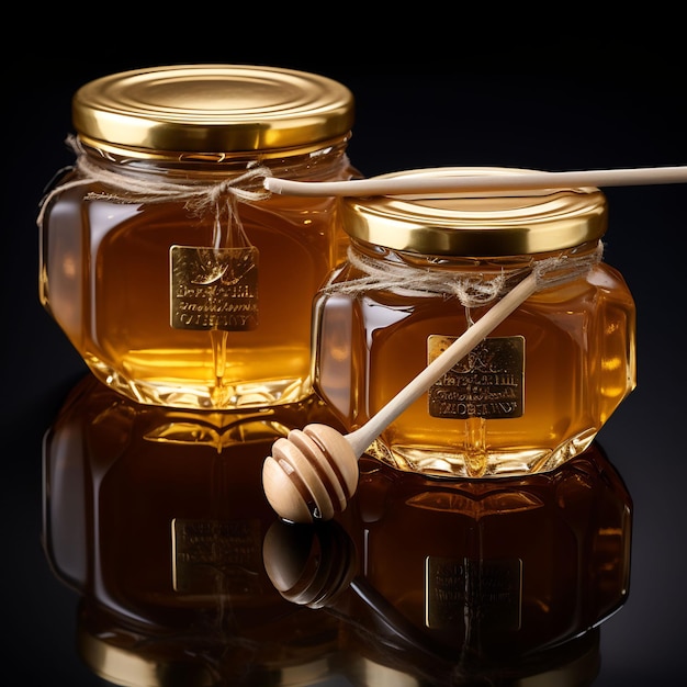 two jars of honey with a stick in the middle of them that says honey