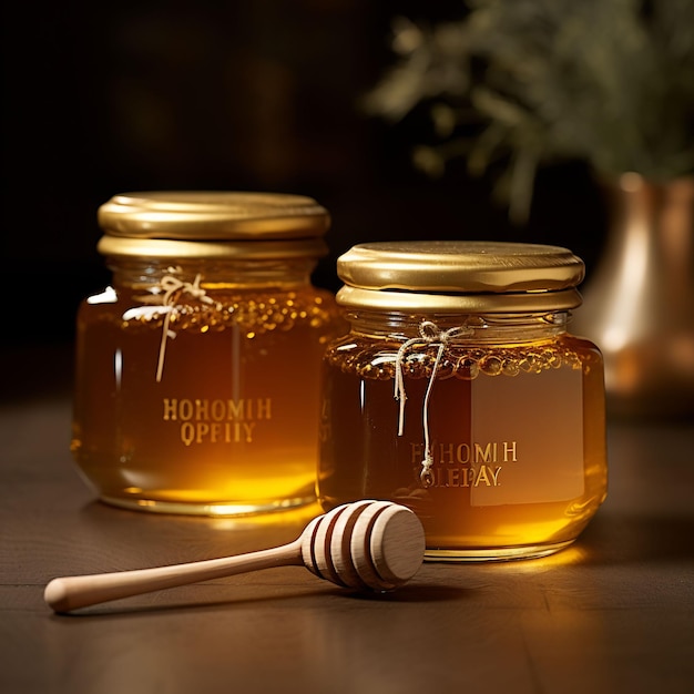 two jars of honey with a wooden stick on it