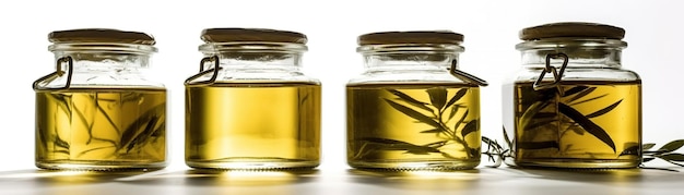 Two jars of oil with a leaf on the top.