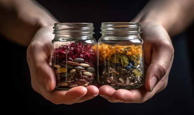 Two jars of seeds are held in two hands, one of which is labeled as seeds.