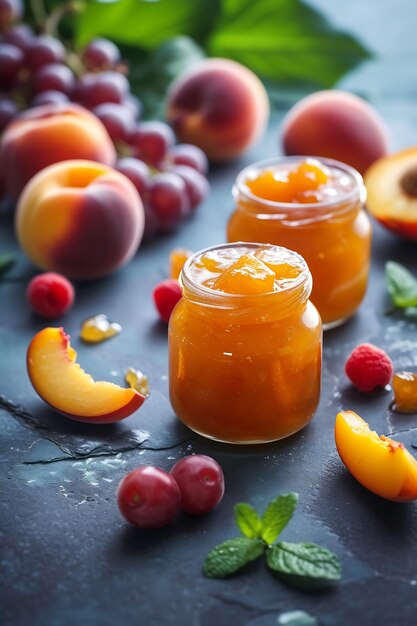 Two jars with peach jam and fresh fruits on stone background Generative AI