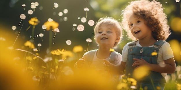 Two joyful children playing in a sunlit daisy field capturing the innocence of youth a moment of pur