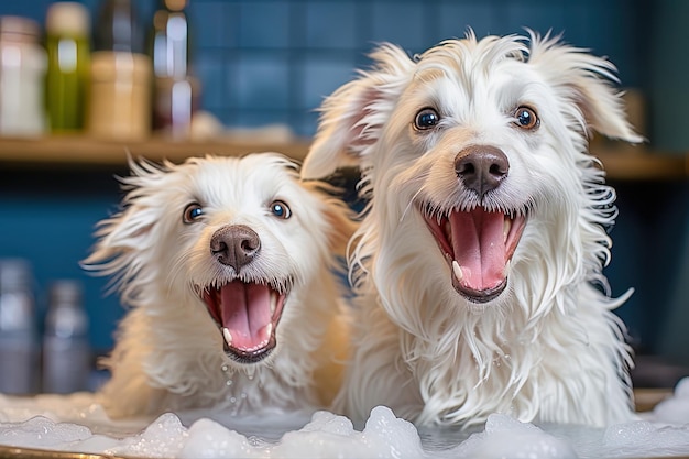 Two joyful dogs in a bowl of foam