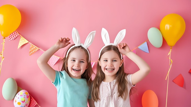 Two joyful girls in bunny ears celebrating easter