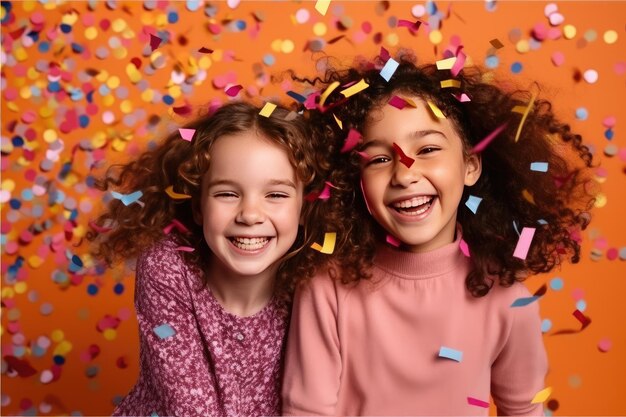 Two joyful girls with curly hair surrounded by colorful confetti on an orange backgroundxa