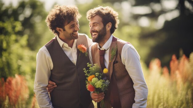 Two joyful grooms men are outdoors in love together