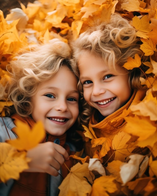 Two joyful kids their faces beaming surrounded by vibrant autumn leaves creating a picturesque moment of pure happiness