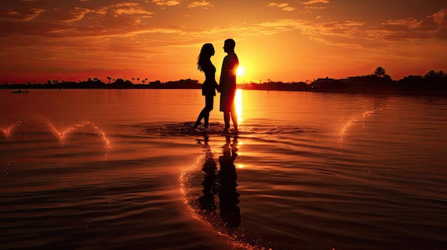 Two joyful people forming a heart silhouette in the evening near water