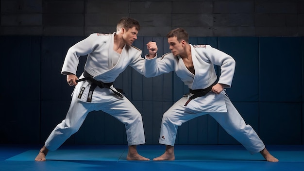 The two judokas fighters fighting men