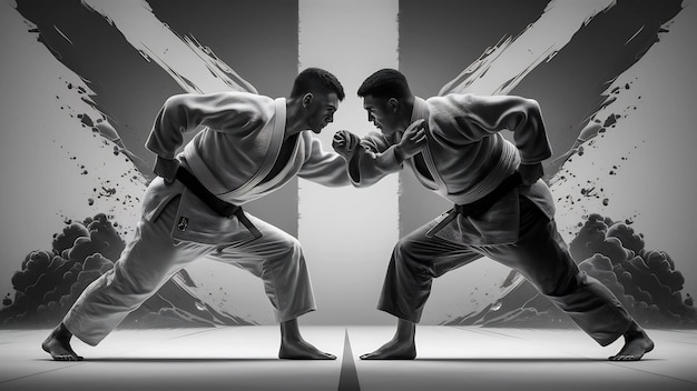 The two judokas fighters posing on gray