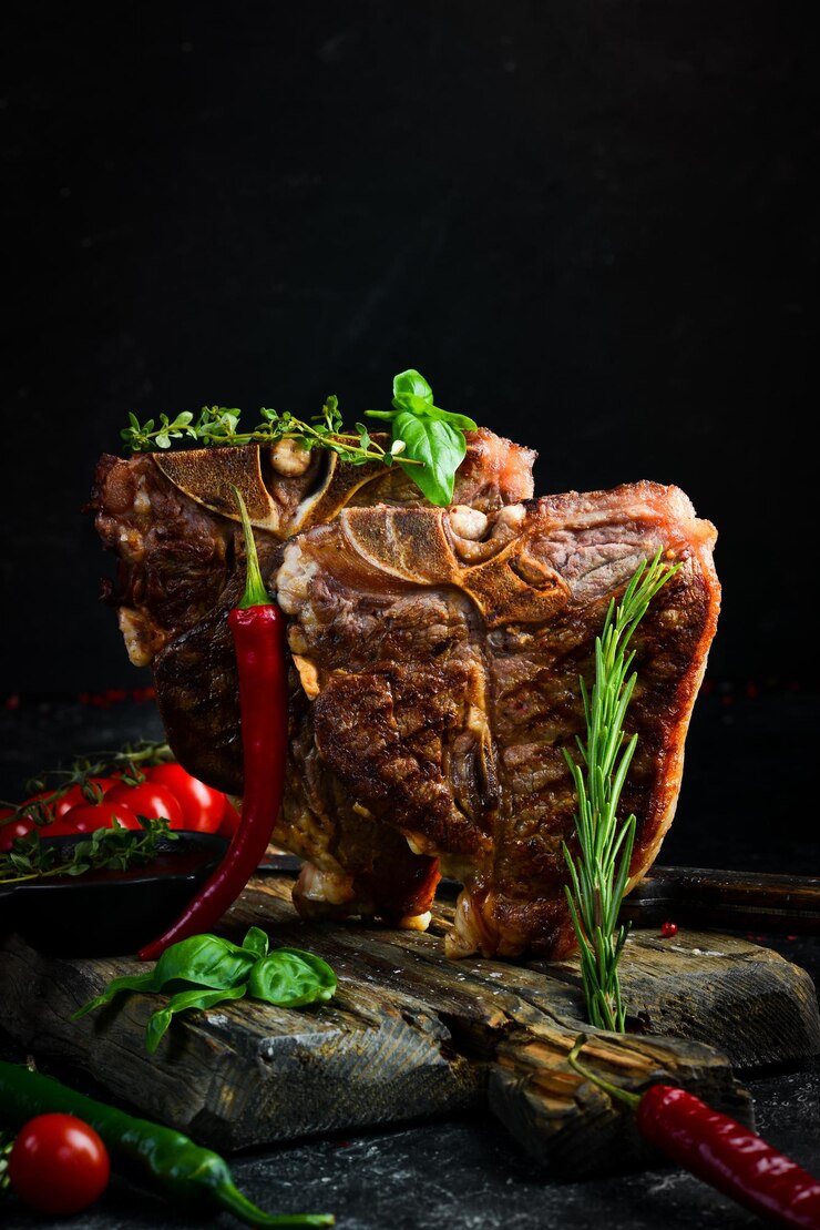 Two juicy grilled steaks with spices and herbs on a black background. Top view. Rustic style.